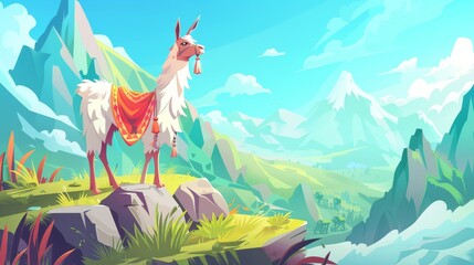 Obraz premium An animation of a llama wearing a blanket and tassels grazing in the mountains. Birthday card with place for wishes.