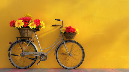 Fototapeta na wymiar idyllic scene of a bicycle with a basket filled with vibrant flowers, standing against a bright yellow wall
