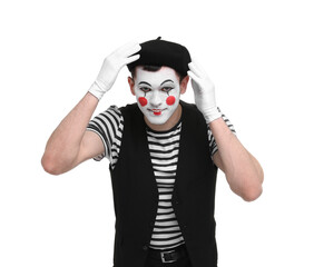 Funny mime artist in beret posing on white background