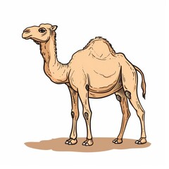 A cartoon drawing of a camel standing on a sandy surface
