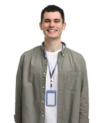 Smiling man with empty badge on white background
