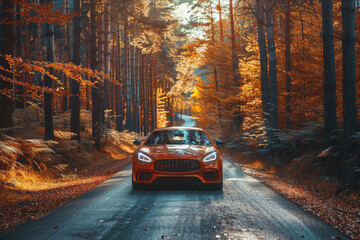 Driver experiencing the solitude of a winding road through a sunlit forest in the countryside.. AI generated.