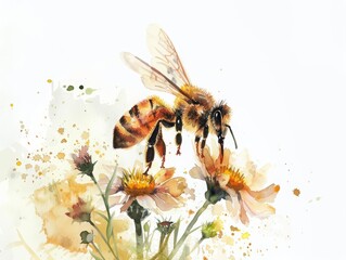 A small watercolor of a busy bee, buzzing over a blooming flower, isolated white background
