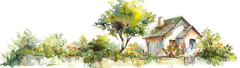 A small watercolor of a quaint cottage, nestled in a lush garden, simple clipart isolated white background