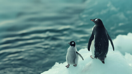 Obraz premium A baby penguin stands next to an adult penguin on a snowy surface. The scene is peaceful and serene, with the two penguins looking out over the water