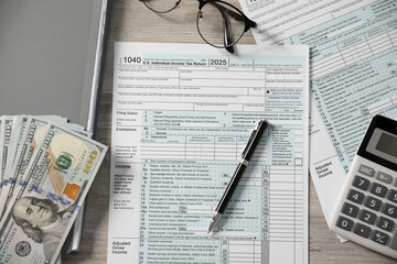 Payroll. Flat lay composition with tax return forms on wooden table