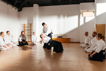 Martial Arts Sensei Demonstrates a Throwing Technique to Attentive Students in Sunlit Dojo