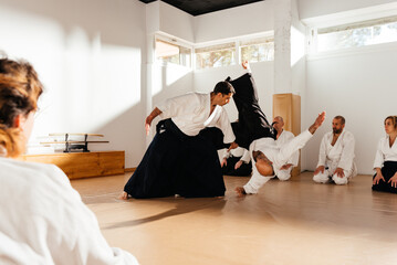 Aikido Master Demonstrates Defensive Maneuver to Attentive Students in Sunlit Dojo
