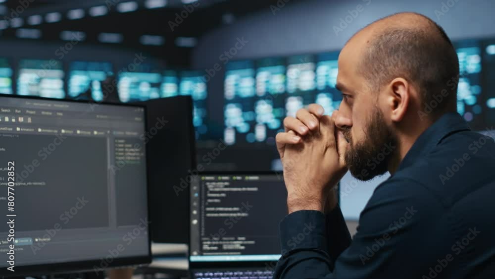 Poster computer scientist working in network security data center facility, ensuring optimal performance. i