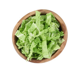 Shredded fresh Chinese cabbage in bowl isolated on white, top view
