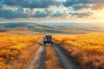 Fototapeta premium Traveler in a car cruising along a rural road flanked by golden fields under a blue sky.. AI generated.