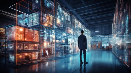 Digital and AI integration enhancing efficiency in a futuristic retail warehouse