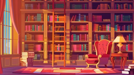 Modern image of a cartoon old luxury library with wooden furniture, bookcases, chair, and lamp. Background of modern old luxury library with wooden furniture, ladder, chair, and lamp for 2d