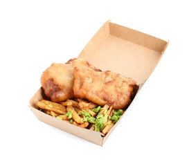 Tasty fish, chips and peas in paper box isolated on white