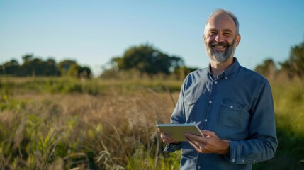 Obraz premium Smiling Man Holding Tablet Outdoors