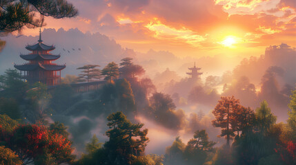 : beautiful landscape of a Chinese temple in the middle of the forest.
