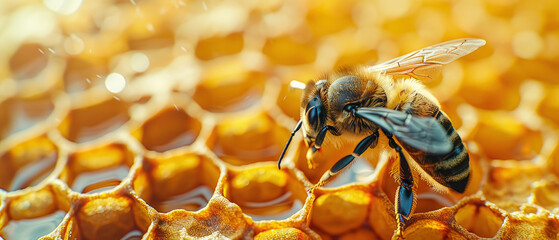 close up of a bee on a honeycomb on a yellowcore color background - Powered by Adobe