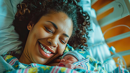 newborn baby in hospital after just being born, mother holding him and breastfeeding in hospital bed. - Powered by Adobe