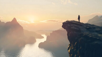  The silhouette of a person standing on a rocky cliff, gazing out at a vast expanse of untouched wilderness. 

