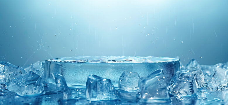ice cube crystal surface dais, empty podium, product display stage pedestal, platform mockup on blue background. banner for cold frozen cool fresh food or drink beverage exposition presentation