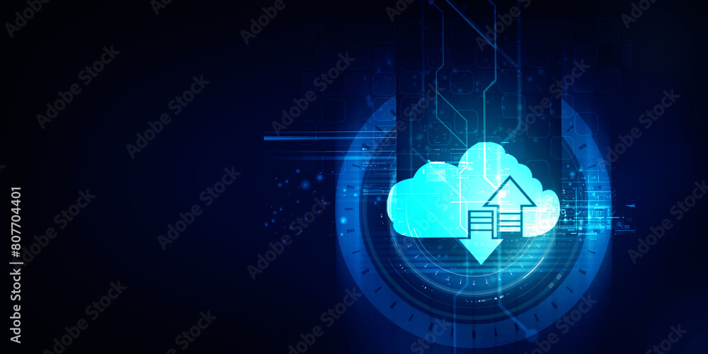 Poster 2d illustration uploading downloading arrow with cloud