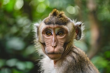 Fototapeta premium Jungle Dweller: Detailed Portrait of a Monkey in the Wild Eating Green Leaves, Expressive Eyes, Natural Environment