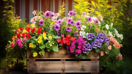 Beautiful different color flowers in pots on wooden pallet