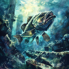 Fototapeta premium Bass Fish Watercolor Style , in Underwater, Forest, Waterfall, Flood area, Full scene For Fishing Lovers