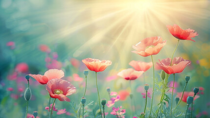 A field of pink flowers with the sun shining on them. The flowers are in full bloom and are arranged in a way that creates a sense of harmony and beauty. The scene is peaceful and serene