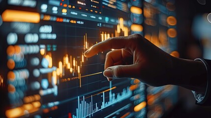 Businessman analyzing candlestick chart and data on virtual screen. Investment concept background