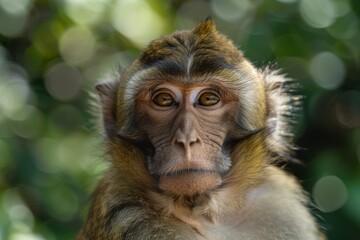 Fototapeta premium Captivating Gaze: Close-up Portrait of a Monkey in a Natural Green Environment, Expressive Eyes, Wildlife, Detailed