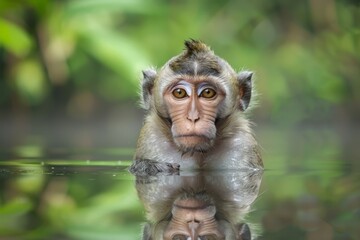 Mirror of Nature: Reflective Monkey Face in Water Surrounded by Lush Foliage, Wildlife, Tranquil, Detailed Portrait