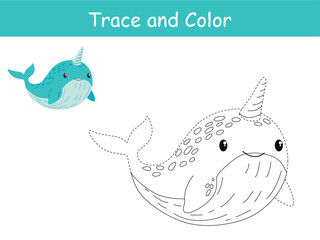 Cute blue narwhal undersea, sea life trace and coloring book or coloring page. Vector illustration