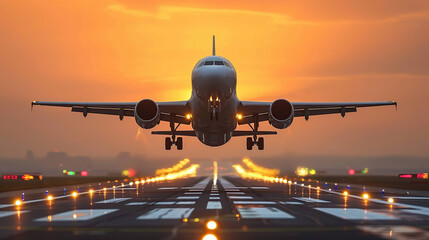 Naklejka premium A large jetliner taking off from an airport runway at sunset or dawn with the landing gear down and the landing gear down, as the plane is about to take off