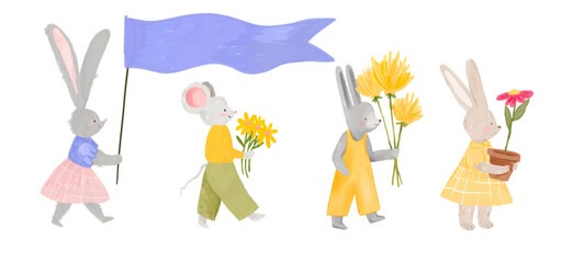 Animals with flowers and celebrating elements, vector, watercolor. Colorful  and cute clip art illustrations, perfect for greeting cards, invitations, banners, posters, textile, covers. 