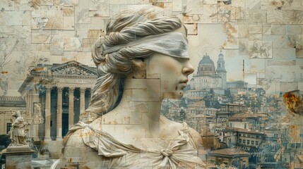 Reinterpretation of lady justice, Themis a collage capturing the essence of legal balance, symbolizing equality and impartiality in a contemporary visual narrative