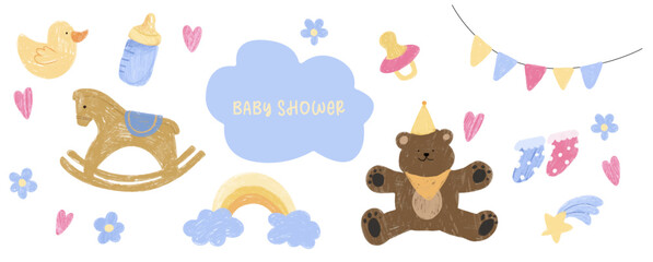 Vector collection of baby shower elements. Cute clip art illustrations, perfect for greeting cards, invitations, banners, posters, textile, covers. 