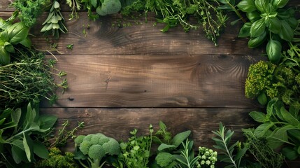 Top view of fresh culinary herbs and vegetables on a rustic wooden background.