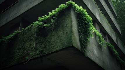 Fujimax high-end photography capturing the juxtaposition of brutalist architecture in the urban landscape, adorned with ivy against concrete structures