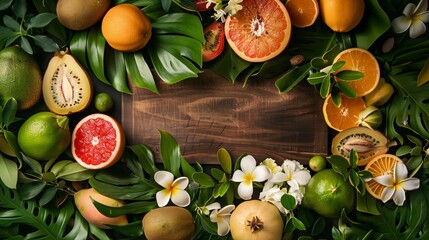 Vibrant tropical fruit display with kiwis, grapefruits, and oranges amidst lush greenery and flowers on a wooden background.