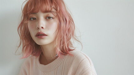 若いファッションモデル　ピンクの髪