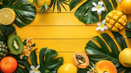 Vibrant layout of tropical fruits and foliage on a yellow wooden background with copy space for text.