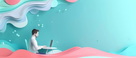 Illustration Paper art style of remote work in cyber color, nice template sharpen with copy space for text