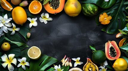 Tropical fruit and flowers arrangement on a black textured background, vibrant and fresh