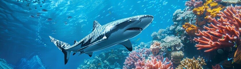Fototapeta premium Imagine a nanoenhanced shark, its skin embedded with tiny cameras, patrolling coral reefs rebuilt in cyber materials