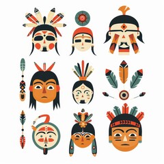 A set of Indian tribal masks with feathers and beads