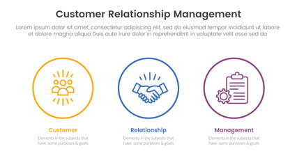CRM customer relationship management infographic 3 point stage template with big circle outline horizontal for slide presentation