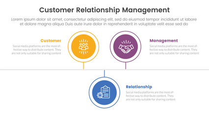 CRM customer relationship management infographic 3 point stage template with circle timeline right direction up and down for slide presentation