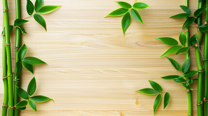 A fresh and clean design of green bamboo shoots and leaves on a light wooden background.