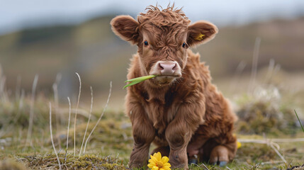 Adorable Baby Highland Cow Sitting Down